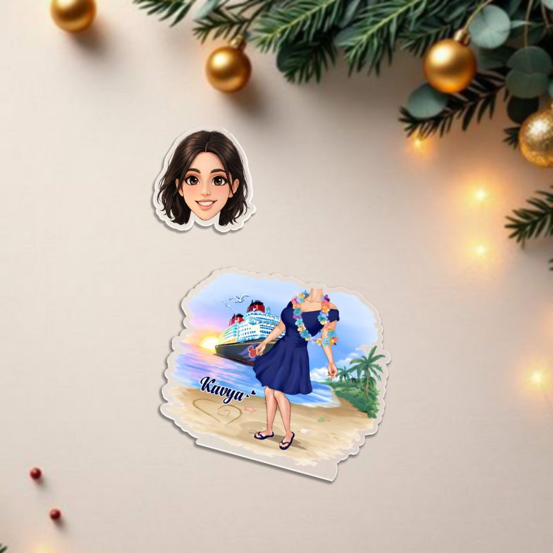 Personalized Bobblehead Caricature with Beach Theme Custom with Face Cutout & Name Birthday Gift for Girls Battery Powered Moving Head Tabletop Decor